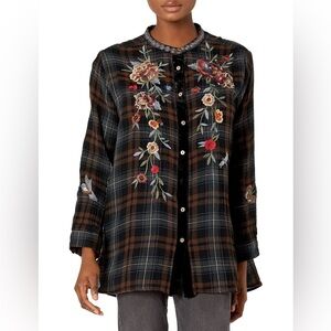 Johnny Was Krysha Velvet Placket Plaid Embroidered Tunic Brown Size M